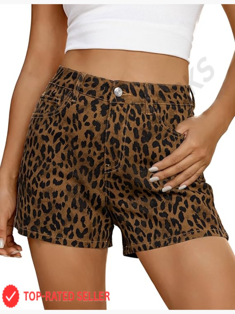 High Waisted Stretchy Denim Shorts With Cheetah Print Summer Casual Jorts